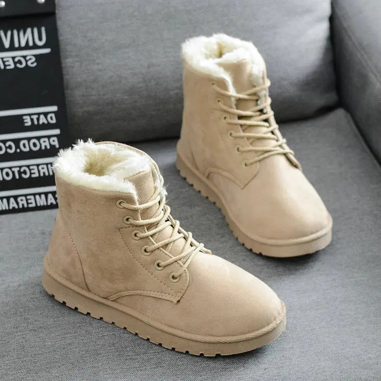 Sorriso pop inverno novas botas de neve planas confortáveis quentes veludo de pelúcia sapatos de algodão dedo do pé redondo botas de neve rendas botas curtas femininas