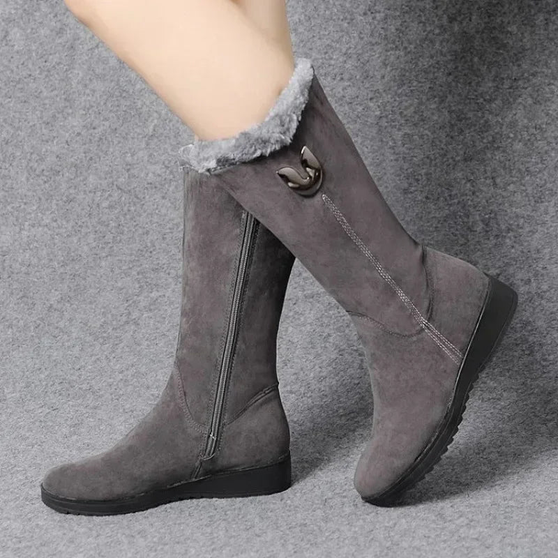 Chelsea quente botas de pele alta mulheres 2025 sapatos de inverno para mulher chunky meados de bezerro de pelúcia neve botas planas zip moda botas de mujer