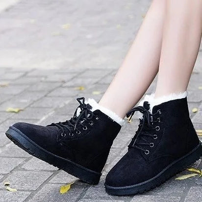 Sorriso pop inverno novas botas de neve planas confortáveis quentes veludo de pelúcia sapatos de algodão dedo do pé redondo botas de neve rendas botas curtas femininas