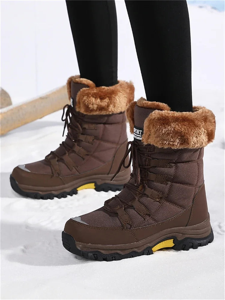 Botas de pelúcia Moifeng-Mid-Calf para mulheres, sapatos de inverno quente, botas de neve marrom, calçado feminino