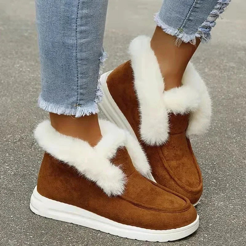Novas senhoras deslizamento em botas de tornozelo confortáveis mulheres inverno quente pele de pelúcia botas de neve sapatos de camurça calçados femininos botas femininas