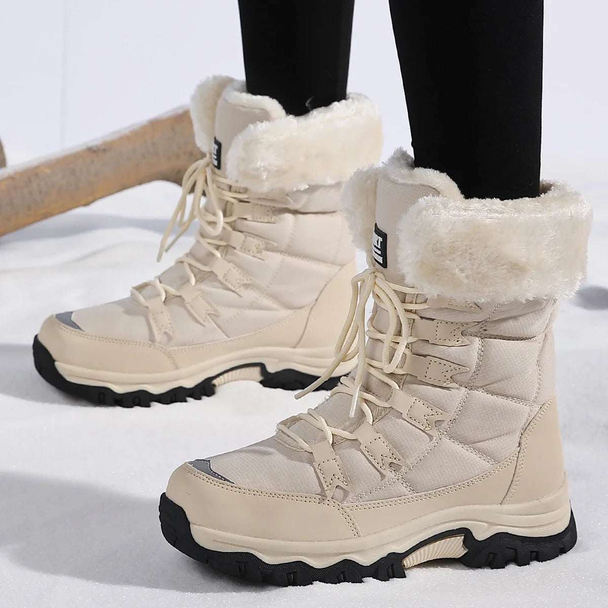 Botas de pelúcia Moifeng-Mid-Calf para mulheres, sapatos de inverno quente, botas de neve marrom, calçado feminino