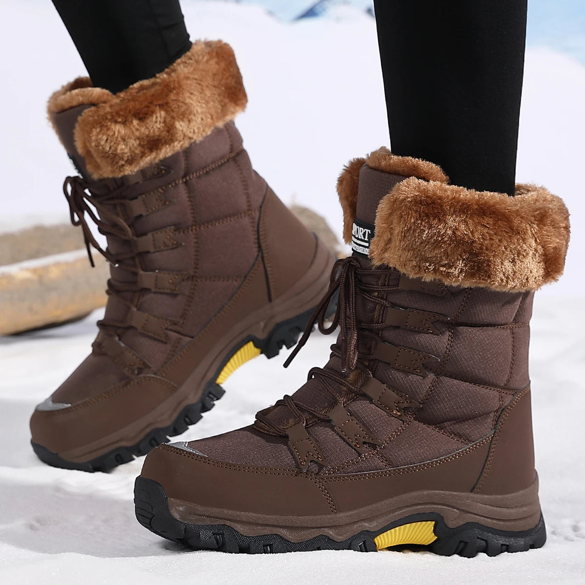 Botas de pelúcia Moifeng-Mid-Calf para mulheres, sapatos de inverno quente, botas de neve marrom, calçado feminino