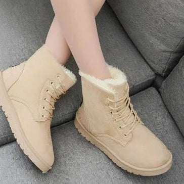 Sorriso pop inverno novas botas de neve planas confortáveis quentes veludo de pelúcia sapatos de algodão dedo do pé redondo botas de neve rendas botas curtas femininas