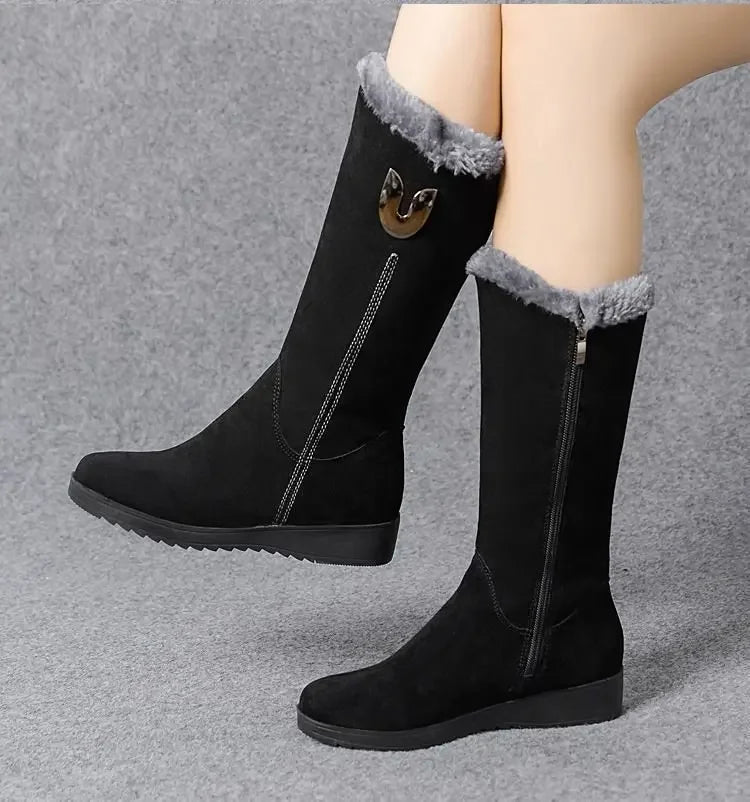 Chelsea quente botas de pele alta mulheres 2025 sapatos de inverno para mulher chunky meados de bezerro de pelúcia neve botas planas zip moda botas de mujer