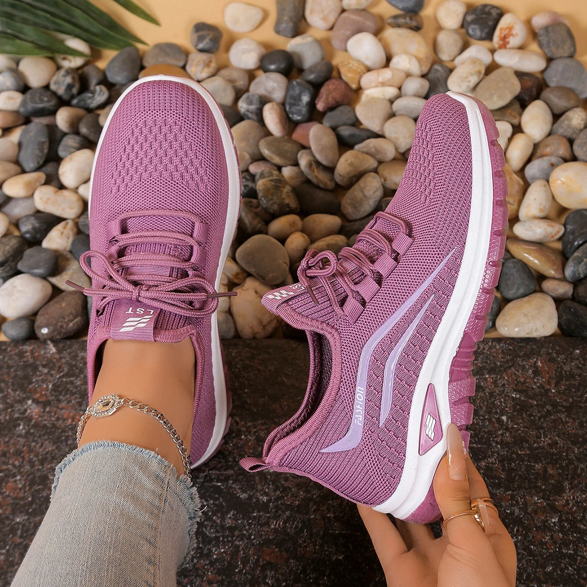 Sapatos femininos, solas macias, pés não cansados, tênis de verão, sapatos plataforma, tecelagem voadora, tênis femininos respiráveis