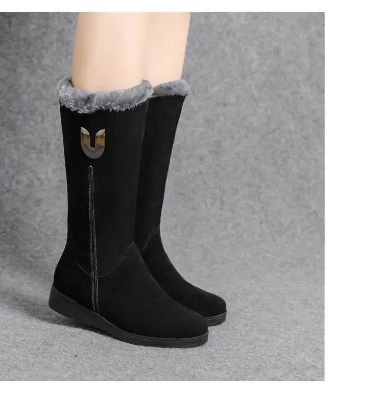 Chelsea quente botas de pele alta mulheres 2025 sapatos de inverno para mulher chunky meados de bezerro de pelúcia neve botas planas zip moda botas de mujer