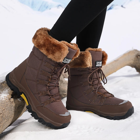 Botas de pelúcia Moifeng-Mid-Calf para mulheres, sapatos de inverno quente, botas de neve marrom, calçado feminino