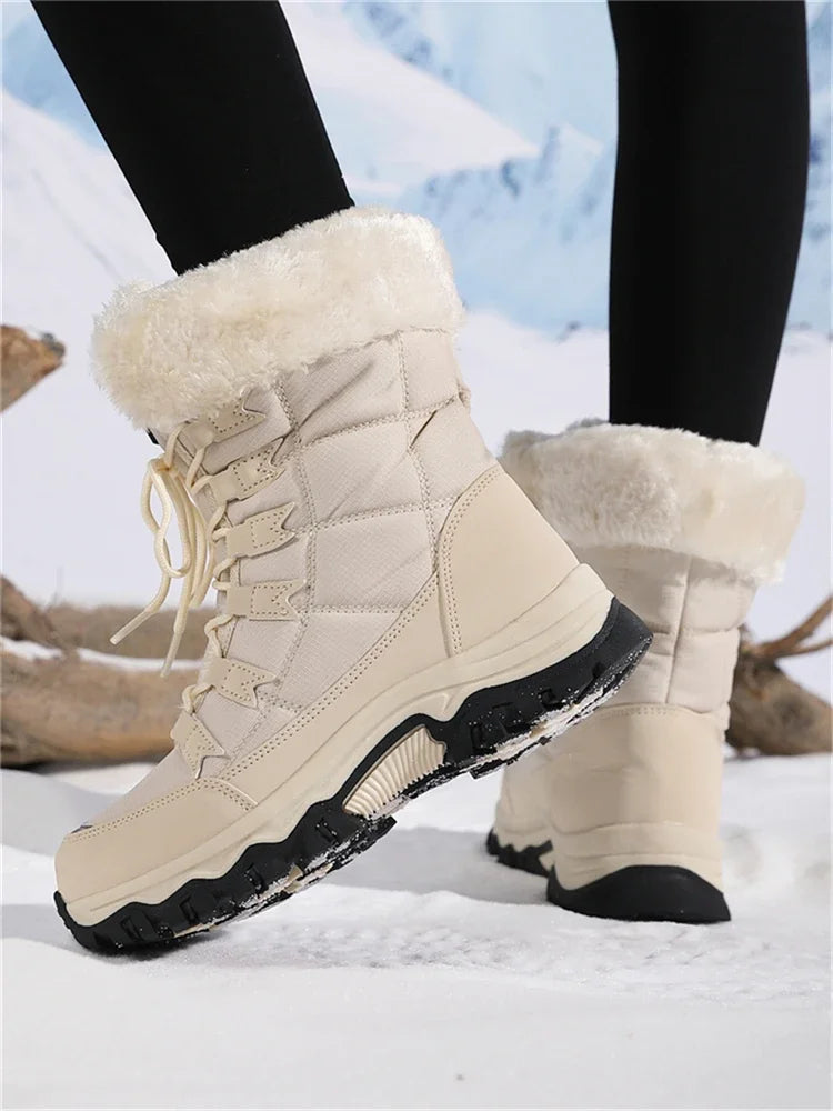 Botas de pelúcia Moifeng-Mid-Calf para mulheres, sapatos de inverno quente, botas de neve marrom, calçado feminino