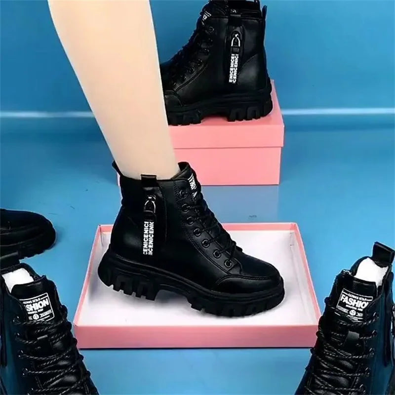 Sapatos 2023 moda inverno quente feminino preto sapatos casuais mais veludo all-match tênis de sola grossa botas de algodão