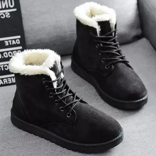 Sorriso pop inverno novas botas de neve planas confortáveis quentes veludo de pelúcia sapatos de algodão dedo do pé redondo botas de neve rendas botas curtas femininas