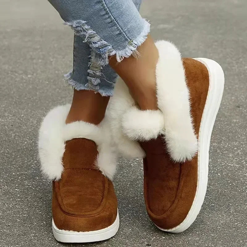 Novas senhoras deslizamento em botas de tornozelo confortáveis mulheres inverno quente pele de pelúcia botas de neve sapatos de camurça calçados femininos botas femininas
