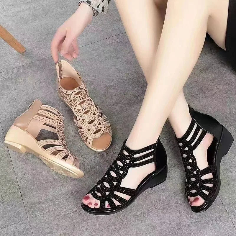 2024 verão novas sandálias romanas de couro macio feminino sola macia outwear sapatos de cunha moda casual designer sapato senhoras