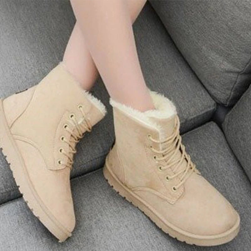 Sorriso pop inverno novas botas de neve planas confortáveis quentes veludo de pelúcia sapatos de algodão dedo do pé redondo botas de neve rendas botas curtas femininas