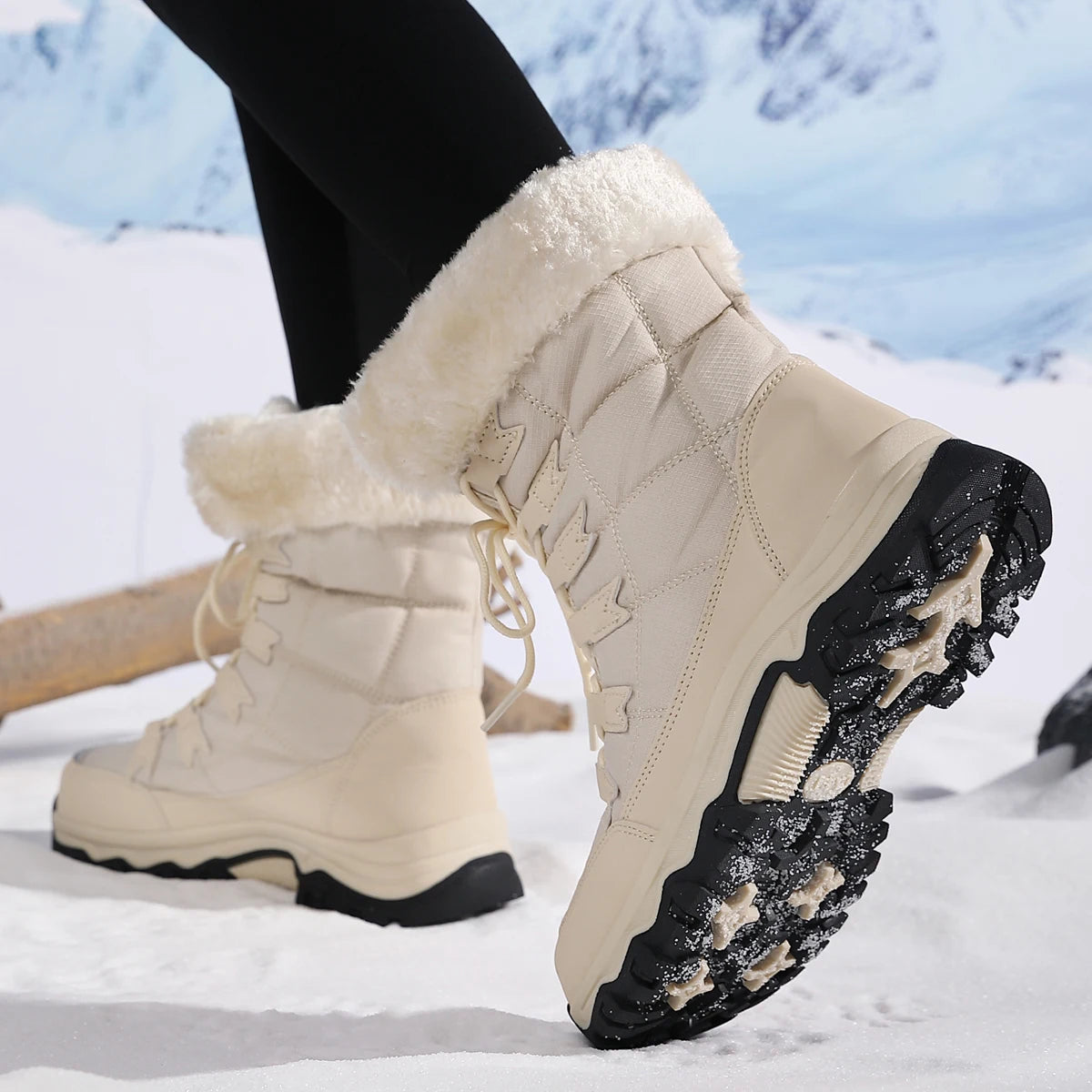 Botas de pelúcia Moifeng-Mid-Calf para mulheres, sapatos de inverno quente, botas de neve marrom, calçado feminino
