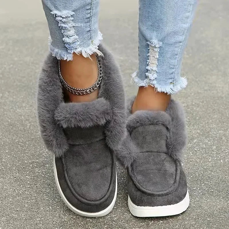 Novas senhoras deslizamento em botas de tornozelo confortáveis mulheres inverno quente pele de pelúcia botas de neve sapatos de camurça calçados femininos botas femininas