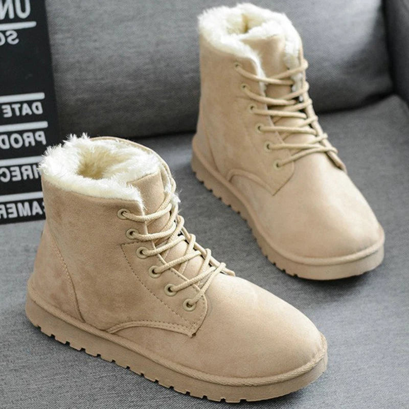 Sorriso pop inverno novas botas de neve planas confortáveis quentes veludo de pelúcia sapatos de algodão dedo do pé redondo botas de neve rendas botas curtas femininas
