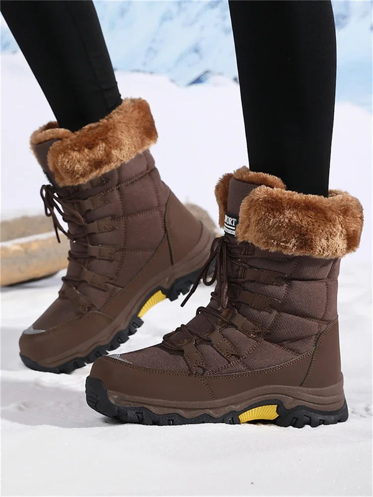 Botas de pelúcia Moifeng-Mid-Calf para mulheres, sapatos de inverno quente, botas de neve marrom, calçado feminino