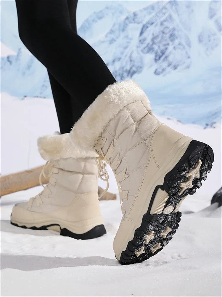 Botas de pelúcia Moifeng-Mid-Calf para mulheres, sapatos de inverno quente, botas de neve marrom, calçado feminino