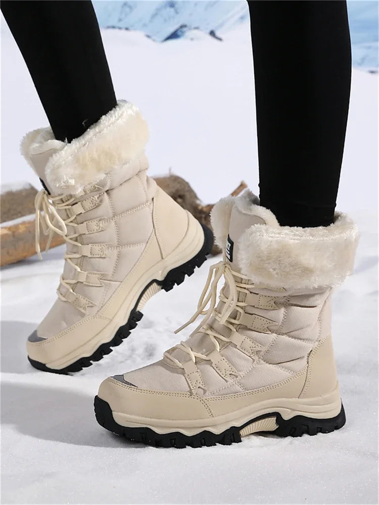 Botas de pelúcia Moifeng-Mid-Calf para mulheres, sapatos de inverno quente, botas de neve marrom, calçado feminino