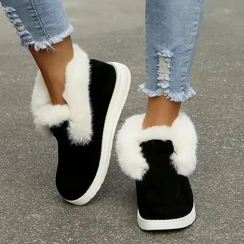Novas senhoras deslizamento em botas de tornozelo confortáveis mulheres inverno quente pele de pelúcia botas de neve sapatos de camurça calçados femininos botas femininas