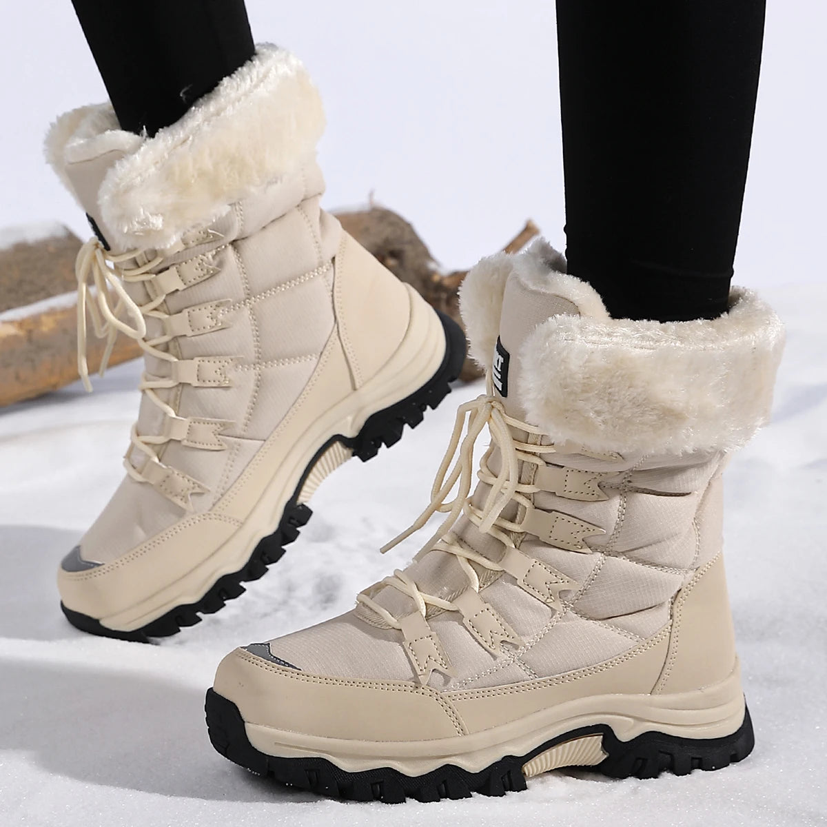 Botas de pelúcia Moifeng-Mid-Calf para mulheres, sapatos de inverno quente, botas de neve marrom, calçado feminino