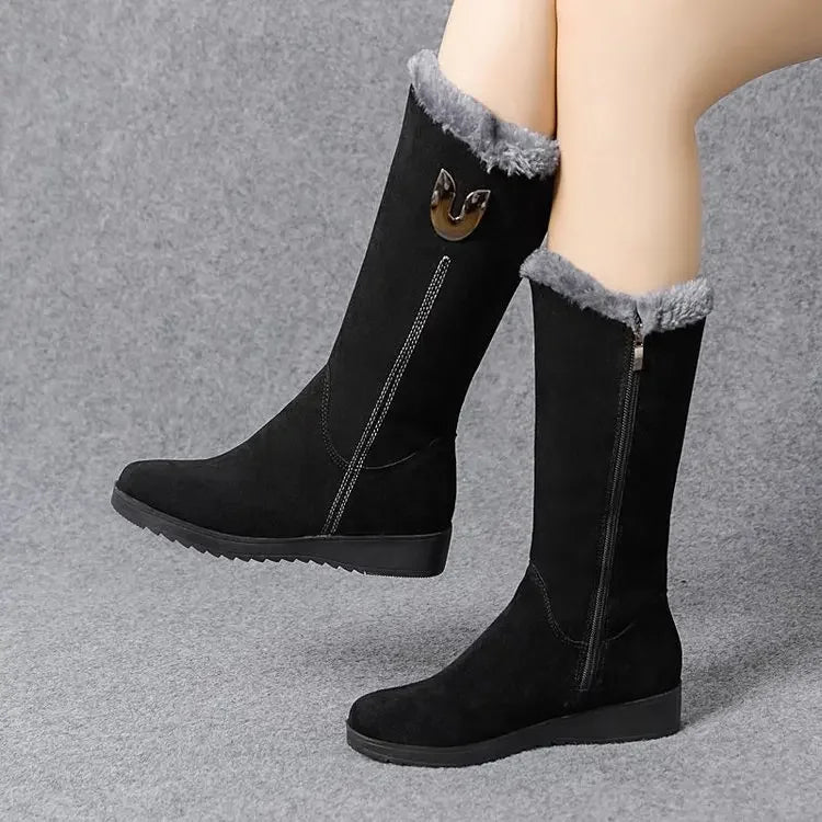 Chelsea quente botas de pele alta mulheres 2025 sapatos de inverno para mulher chunky meados de bezerro de pelúcia neve botas planas zip moda botas de mujer