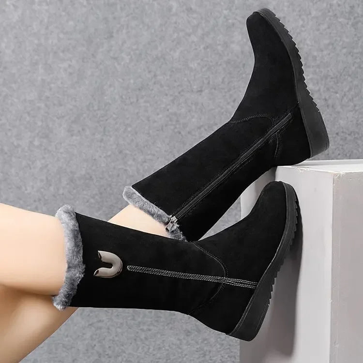 Chelsea quente botas de pele alta mulheres 2025 sapatos de inverno para mulher chunky meados de bezerro de pelúcia neve botas planas zip moda botas de mujer