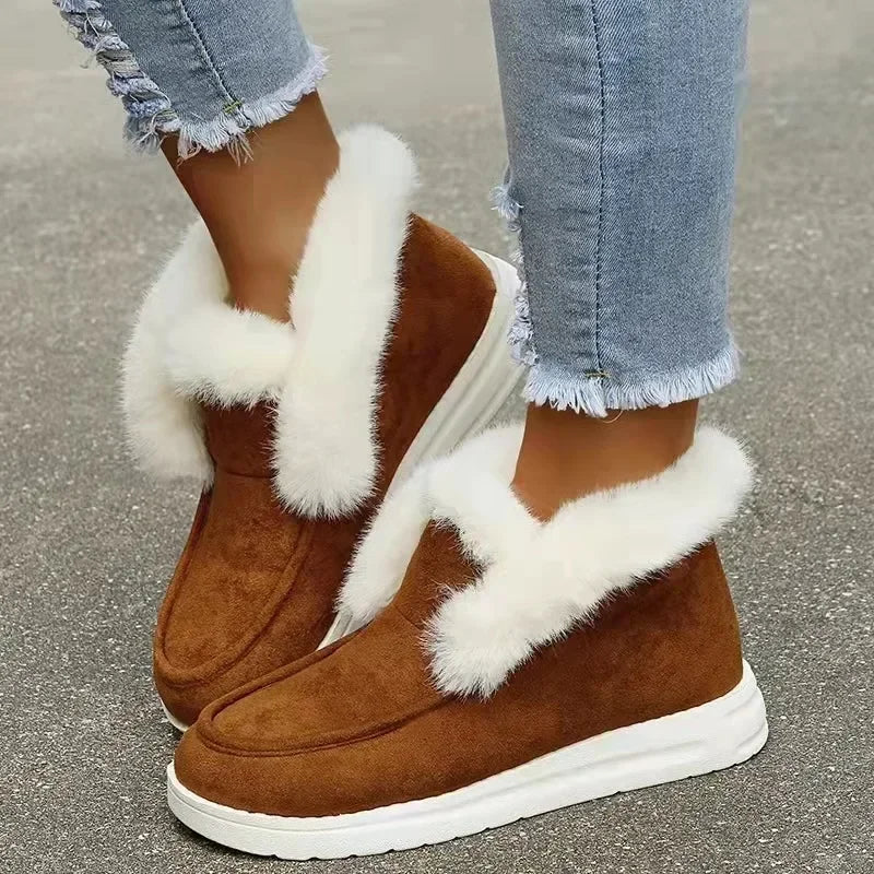 Novas senhoras deslizamento em botas de tornozelo confortáveis mulheres inverno quente pele de pelúcia botas de neve sapatos de camurça calçados femininos botas femininas